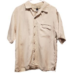 Tommy Bahama 100% Silk Olive Green,  Hawaiian Camp Shirt Mens Medium